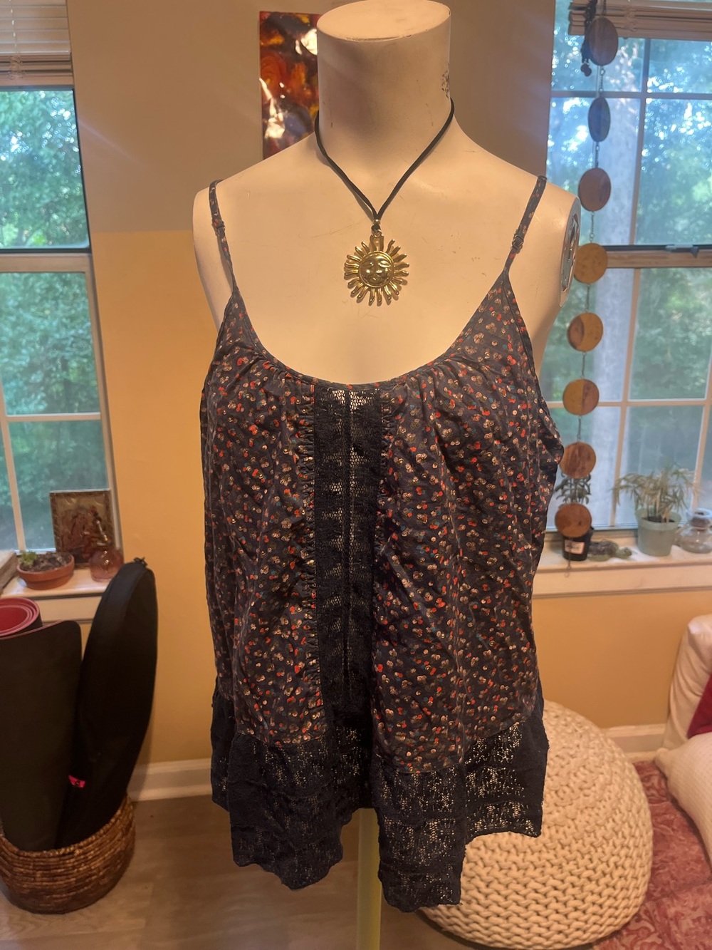 Aerie Navy Floral Lace-Trim Cami Tank Top boho hippieglam